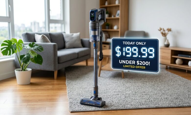 Sleek cordless vacuum standing upright in a bright, clean living room.