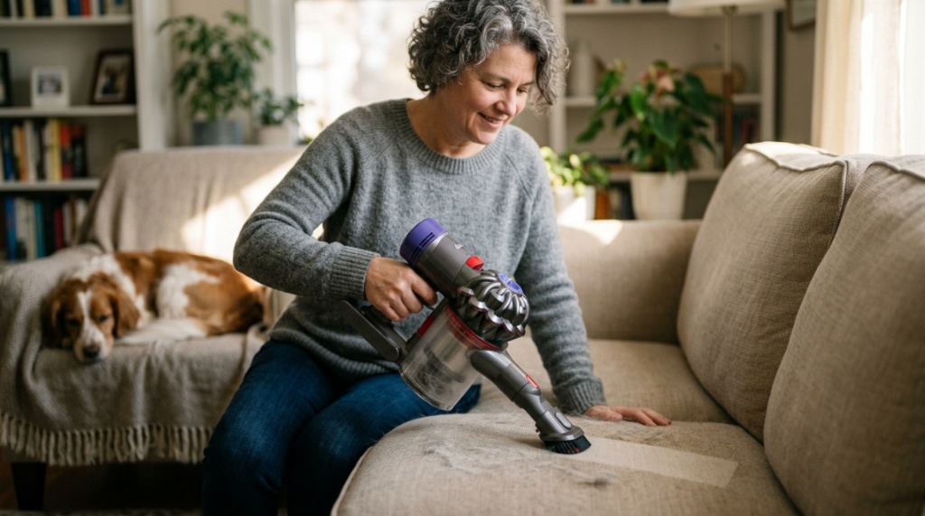 Person cleaning pet hair off a sofa with a handheld cordless vacuum.