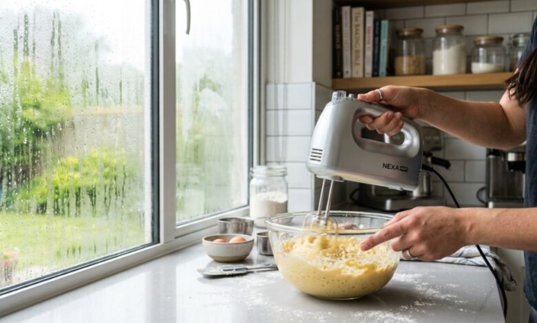 Electric hand mixer operating on a kitchen counter near a humid window.