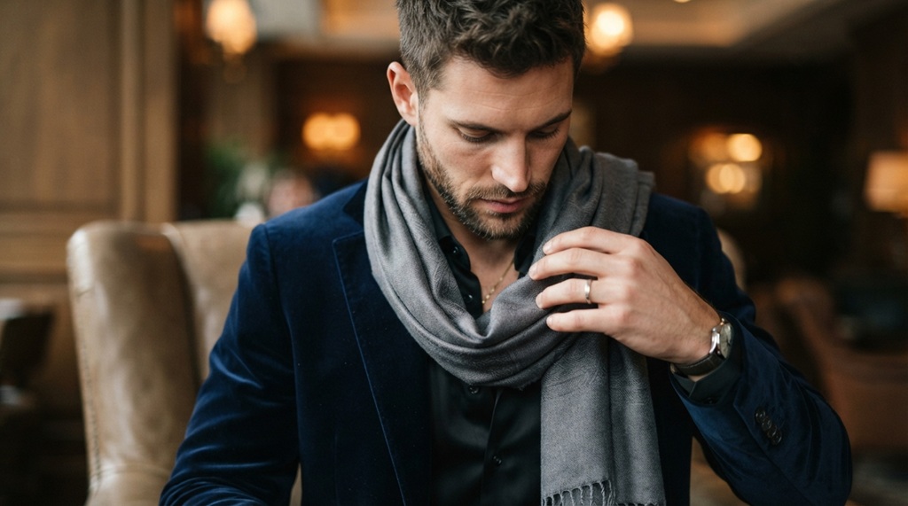Close up of man adjusting a pashmina shawl wrapped over blazer.