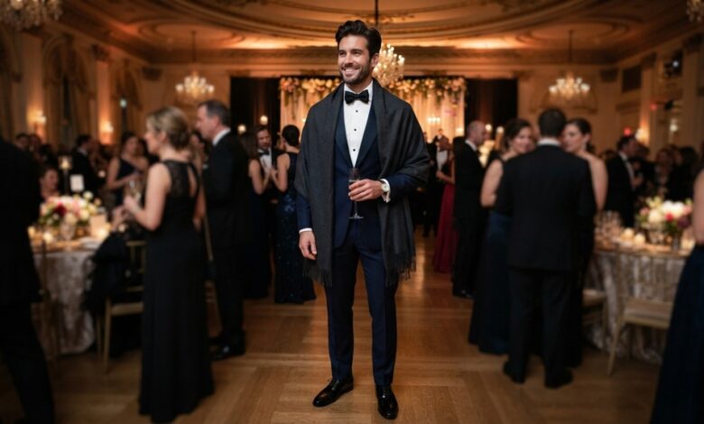 Man wearing a dark pashmina shawl over a black tuxedo at an event.