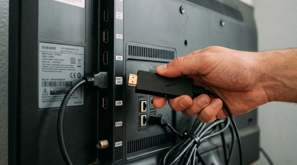 Hand plugging a streaming media stick into a television HDMI port.