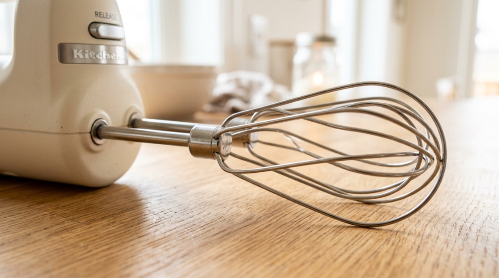 Close-up of stainless steel electric mixer attachments on a wooden counter.