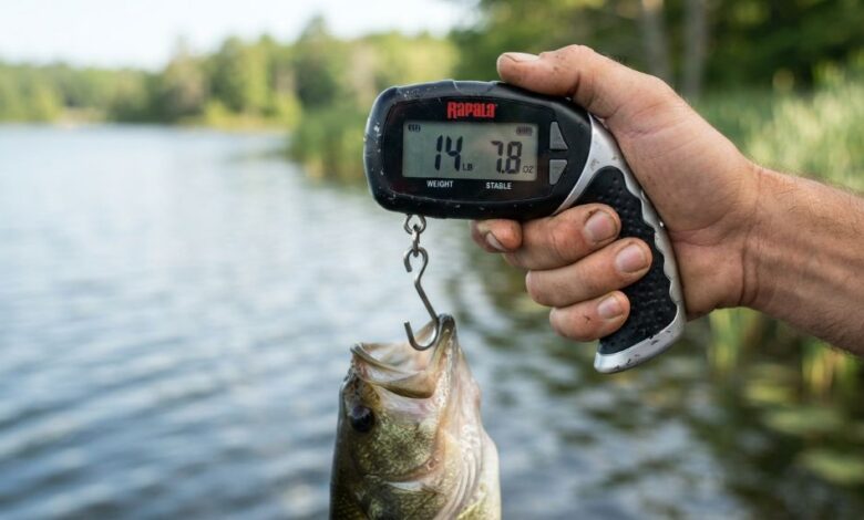 Weighing a fish with a digital fishing scale