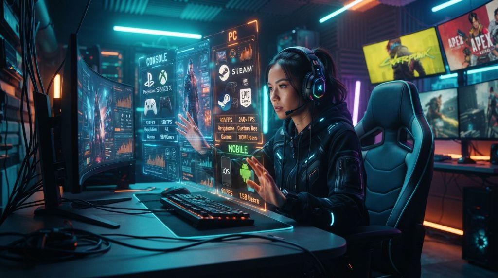 Gamer exploring different gaming platforms and features