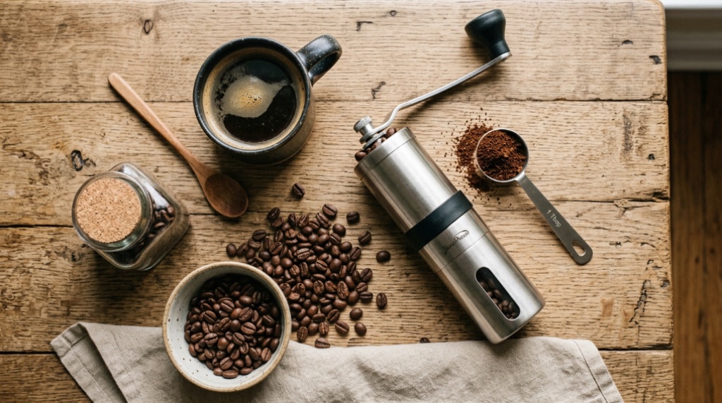 Hand grinder and coffee beans arranged on a rustic table.