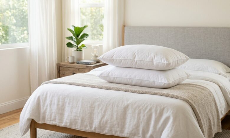 Plush white down pillow stacked on a supportive feather pillow on a cozy bed.