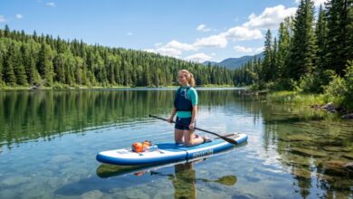 A beginner paddleboarder kneeling calmly on a glassy, clear mountain lake.