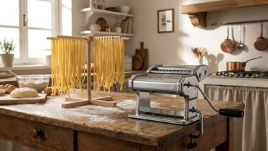Stainless steel Marcato Atlas 150 pasta machine on a wooden counter with fresh fettuccine.