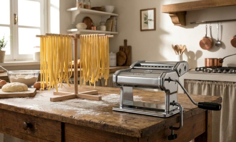 Stainless steel Marcato Atlas 150 pasta machine on a wooden counter with fresh fettuccine.