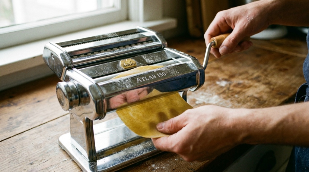 Hands turning the crank on a Marcato Atlas 150 rolling pasta dough.