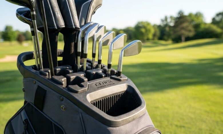 Golfer organizing clubs securely inside a T-lock cart bag on a course.